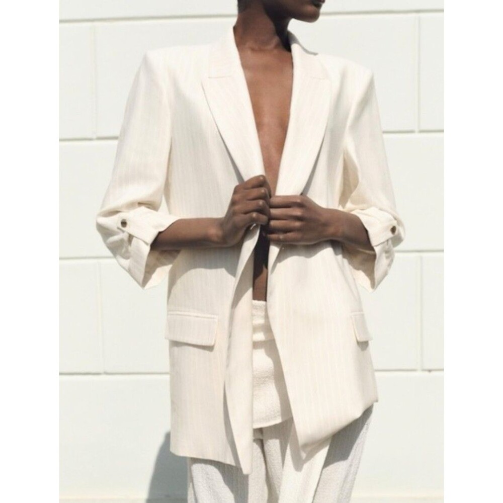NWOT Zara Size S Open Front Blazer Ivory Pinstripe Linen-Blend Oversized Sleek